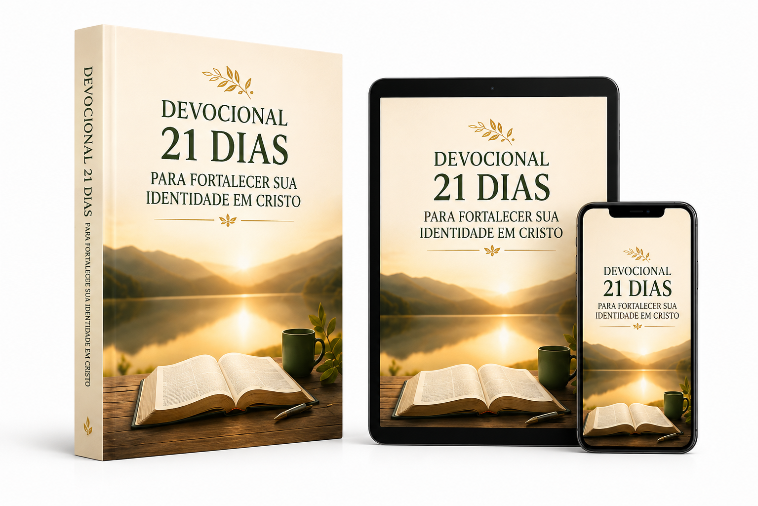 Devocional 21 Dias para Fortalecer sua Identidade em Cristo, exibido em livro, tablet e celular
